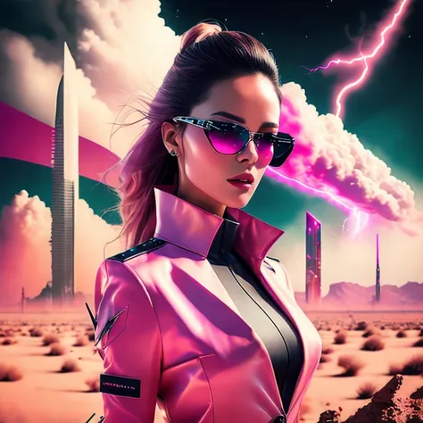 photo, NeoOlympus style a futuristic city with a lightning bolt coming out of it, (attractive medic woman:1) in Bright Pink trendy clothing wearing sunglasses, Smoke Clouds hot desert in background, Nighttime Sky <lora:djzJohnsonDesu-ZenkaiV21-256:1> (collage:1) <lora:surrealCollageLora_v10:0.6>  <lora:deathStrandingLora_sd21:0.8>