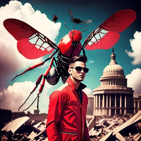 photo, TechnoBug style a giant insect that is flying through the air, (handsome man) in red Flight Suit wearing mask and pompadour, ruins in background, Daytime Sky <lora:djzJohnsonDesu-ZenkaiV21-256:1> (collage:1) <lora:surrealCollageLora_v10:0.6>