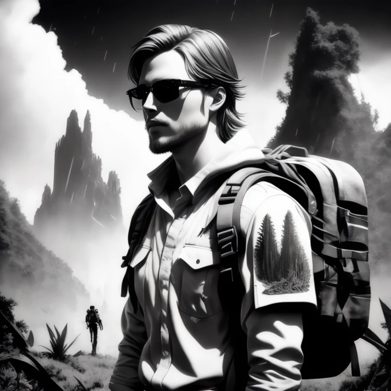 photo, monochrome style a black and white drawing of an electronic device, (handsome scout man) in Dorian Gray trendy clothing wearing sunglasses, ruins tropical rain forest in background, Daytime Sky <lora:djzJohnsonDesu-ZenkaiV21-256:1> (collage:1) <lora:surrealCollageLora_v10:0.6> death stranding style: a man with a backpack standing next to a tractor (Death Stranding style:1) <lora:deathStrandingLora_sd21:0.8>