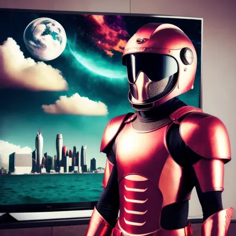 photo, KawaiiPro style an illustration of a television set with an ocean scene on it, (handsome man) in red Plate Armor wearing mask and Open face Helmet, Buildings in background, Nighttime Sky <lora:djzJohnsonDesuV21-Zenkai-256:1> (collage:1) <lora:surrealCollageLora_v10:0.6>