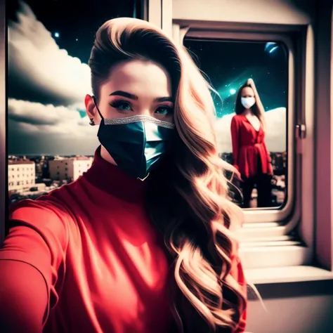 photo, SummerSelfie style a girl with long hair and blue eyes in front of a window, (man:1) in red trendy clothing wearing mask and pompadour, Wreckage in background, Nighttime Sky <lora:djzJohnsonDesu-ZenkaiV21-256:1> (collage:1) <lora:surrealCollageLora_v10:0.6>