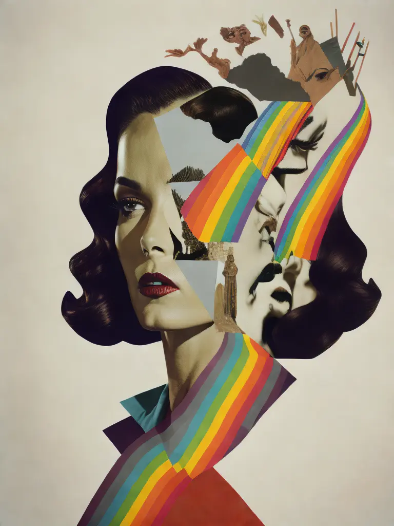 <lora:Collage:1>a collage of a woman's face with a rainbow in the background