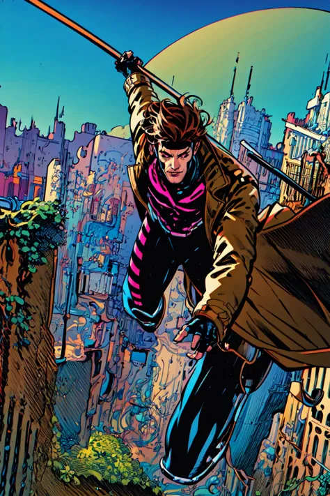 Le Diable Blanc, Gambit, Remy Lebeau, detailed eyes , detailed face, shiny skin, masterpiece, best illustration, 1boy, male focus, brown hair, cityscape, gloves, solo, city, holding, boots, weapon, sky, short hair, bodysuit, coat, black gloves, black bodysuit, black footwear, long coat, knee pads, holding weapon,<lora:Remy_Lebeau:1>