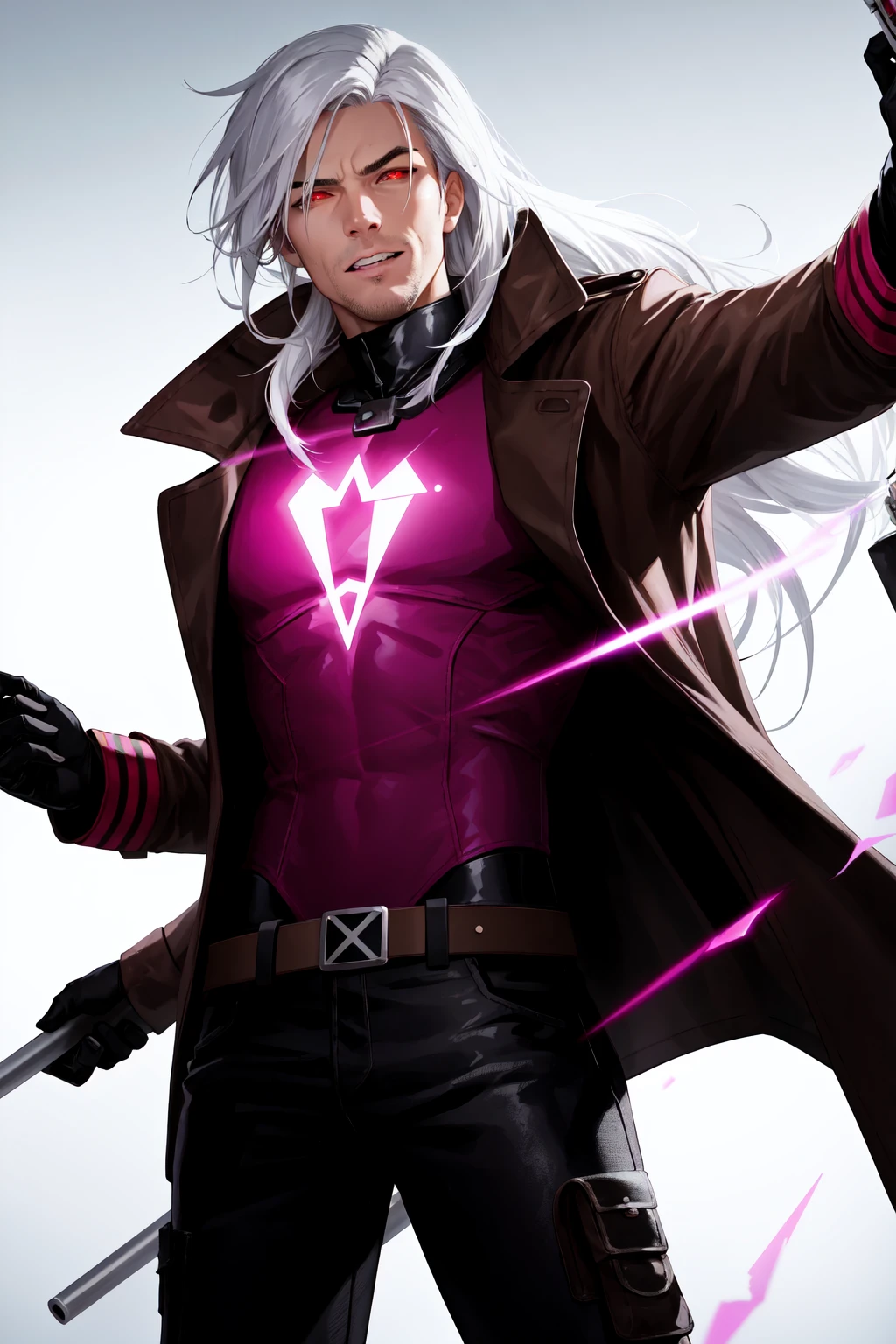 Gambit, Le Diablo Blanc, Remy Lebeau, long hair, looking at viewer, gloves, jacket, weapon, white hair, open clothes, teeth, black gloves, belt, pants, coat, gun, glowing, glowing eyes, leather, weapon on back, trench coat, specular highlights, dynamic angle, dynamic lighting, rim lighting, side lighting, fxaa, octane render <lora:Remy_Lebeau-XMEN:0.5>