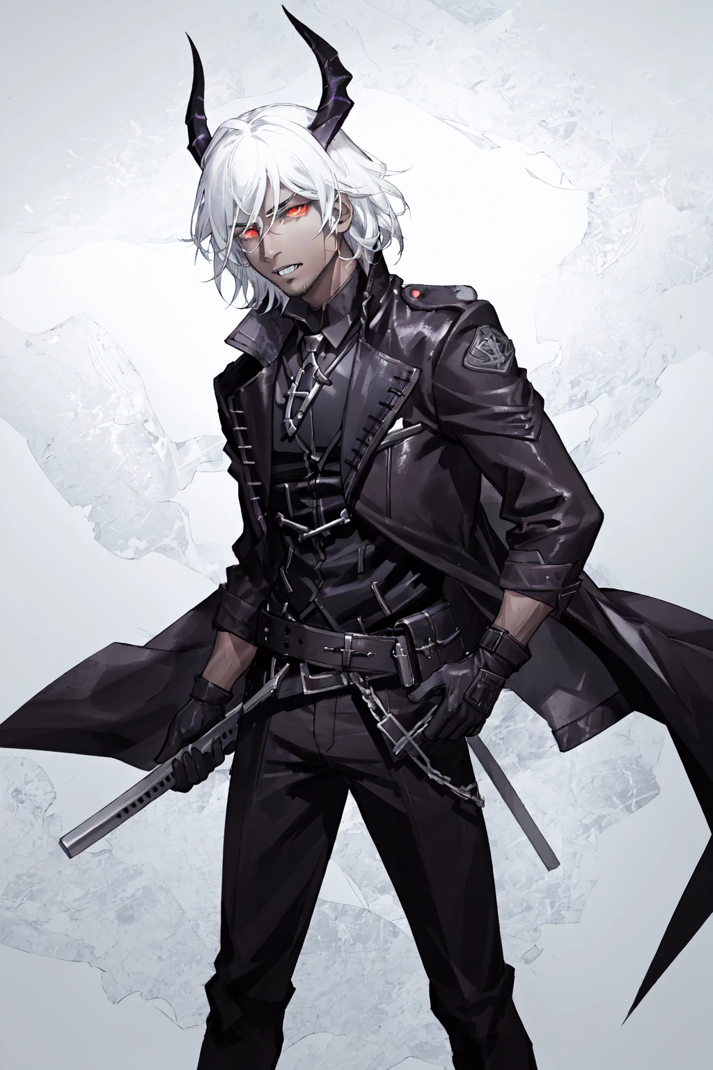 Gambit, Le Diablo Blanc, Remy Lebeau, Death, Horseman of Apocalypse, long hair, looking at viewer colored skin, black skin,gloves, jacket, weapon, white hair, open clothes, teeth, black gloves, belt, pants, coat, glowing eyes, leather, trench coat, specular highlights, dynamic angle, dynamic lighting, rim lighting, side lighting, extreme light and shadow, fxaa,<lora:Remy_Lebeau-XMEN:0.5>