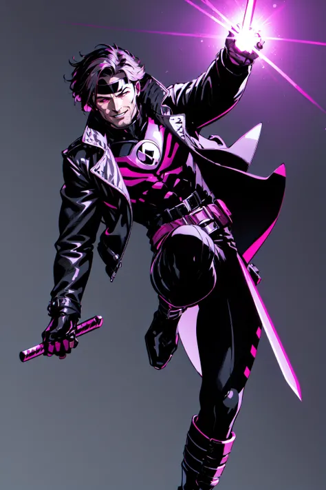 Gambit, Le Diablo Blanc, Remy Lebeau, smirk, gloves, jacket, weapon, boots,open clothes, teeth, belt, pants, sword, fingerless gloves, clenched hands, open jacket, black jacket, bodysuit, mask, muscular, spikes, kicking, leather, superhero, leather jacket, specular highlights, dynamic angle, dynamic pose, dynamic lighting, rim lighting, side lighting, extreme light and shadow, fxaa,<lora:Remy_Lebeau-XMEN:0.6>
