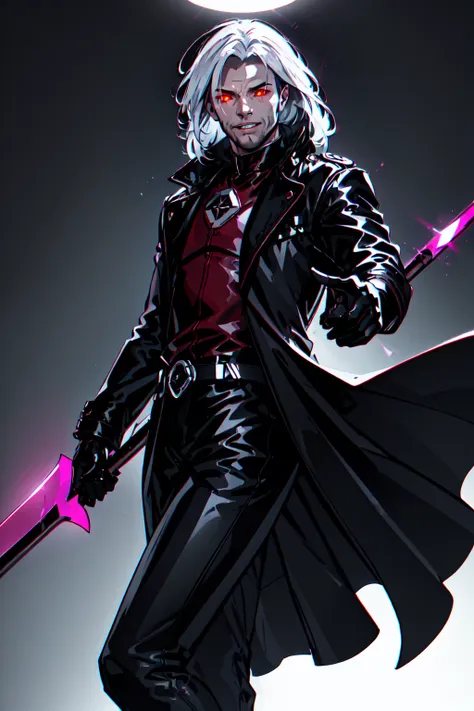 Gambit, Le Diablo Blanc,  long hair, looking at viewer colored skin, black skin,gloves, jacket, weapon, white hair, open clothes, teeth, black gloves, belt, pants, coat,  glowing eyes, leather,  trench coat, specular highlights, dynamic angle, dynamic lighting, rim lighting, side lighting, extreme light and shadow, fxaa,<lora:Remy_Lebeau-XMEN:0.5>