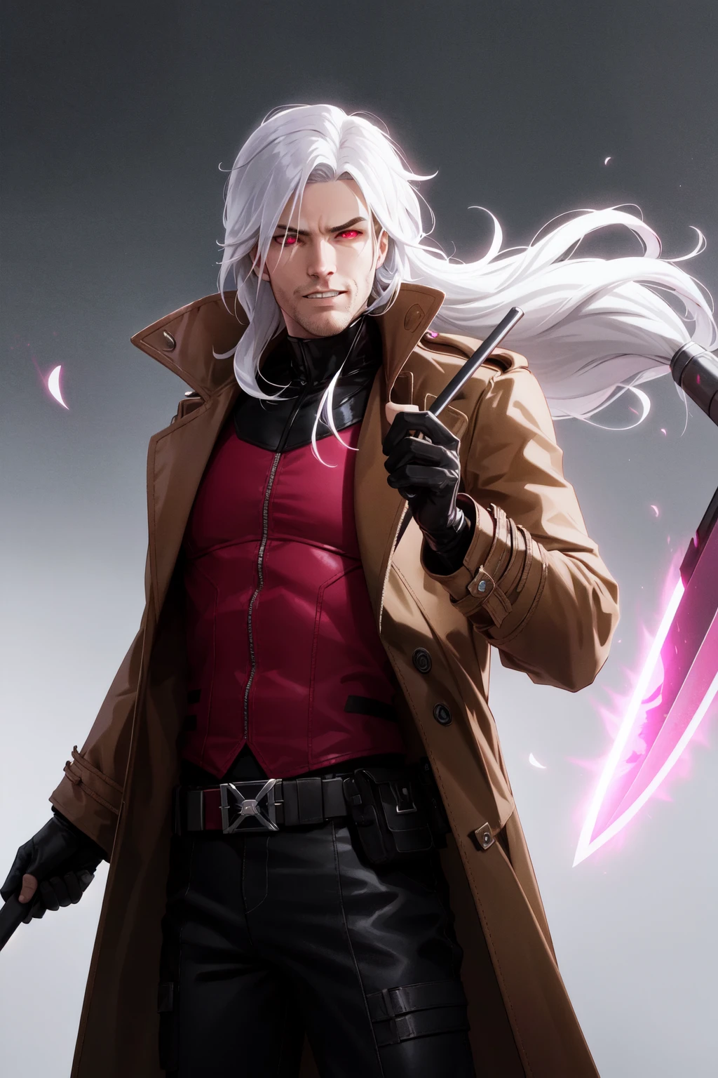 Gambit, Le Diablo Blanc, Remy Lebeau, long hair, looking at viewer, gloves, jacket, weapon, white hair, open clothes, teeth, black gloves, belt, pants, coat, gun, glowing, glowing eyes, leather, weapon on back, trench coat, specular highlights, dynamic angle, dynamic lighting, rim lighting, side lighting, fxaa, octane render <lora:Remy_Lebeau-XMEN:0.5>