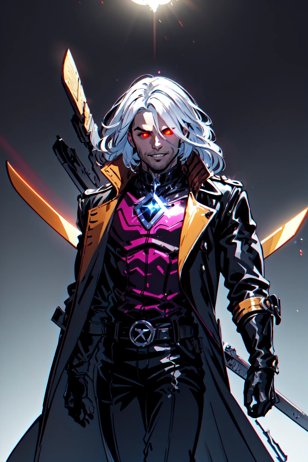 Gambit, Le Diablo Blanc, long hair, looking at viewer colored skin, black skin,gloves, jacket, weapon, white hair, open clothes, teeth, black gloves, belt, pants, coat, glowing eyes, leather, trench coat, specular highlights, dynamic angle, dynamic lighting, rim lighting, side lighting, extreme light and shadow, fxaa,<lora:Remy_Lebeau-XMEN:0.5>