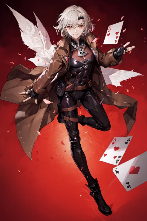 Gambit, Le Diablo Blanc, Remy Lebeau, looking at viewer, smile, gloves, holding, jacket, heart, fingerless gloves, coat, bodysuit, muscular, headband, abs, card, playing card, holding card, trench coat, specular highlights, dynamic angle, dynamic lighting, rim lighting, side lighting, extreme light and shadow, fxaa,<lora:Remy_Lebeau-XMEN:0.5>
