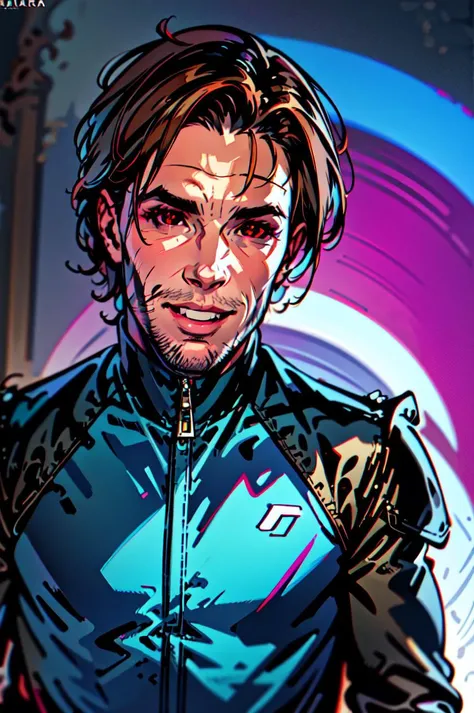 <lora:Remy_Lebeau:0.7> Le Diable Blanc, Gambit, Remy Lebeau, detailed eyes , detailed face, shiny skin, masterpiece, best illustration, 1boy, male focus, solo, facial hair, stubble, colored sclera, red eyes, black sclera, brown hair, smile, upper body, bodysuit, parted lips, jacket, cropped torso, looking at viewer