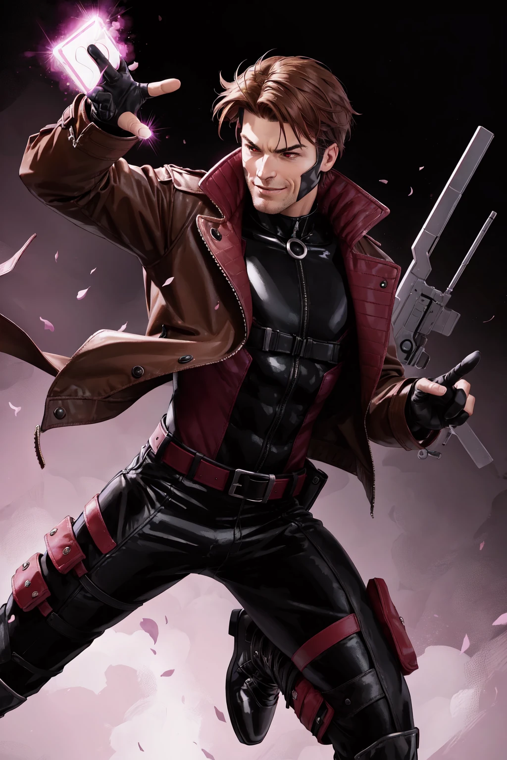 Gambit, Le Diablo Blanc, Remy Lebeau, smirk, gloves, jacket, boots,open clothes, teeth, belt, pants, fingerless gloves, clenched hands, open jacket, black jacket, bodysuit, mask, muscular, spikes, kicking, leather, leather jacket, specular highlights, dynamic angle, dynamic pose, dynamic lighting, rim lighting, side lighting, extreme light and shadow, fxaa,<lora:Remy_Lebeau-XMEN:0.6>