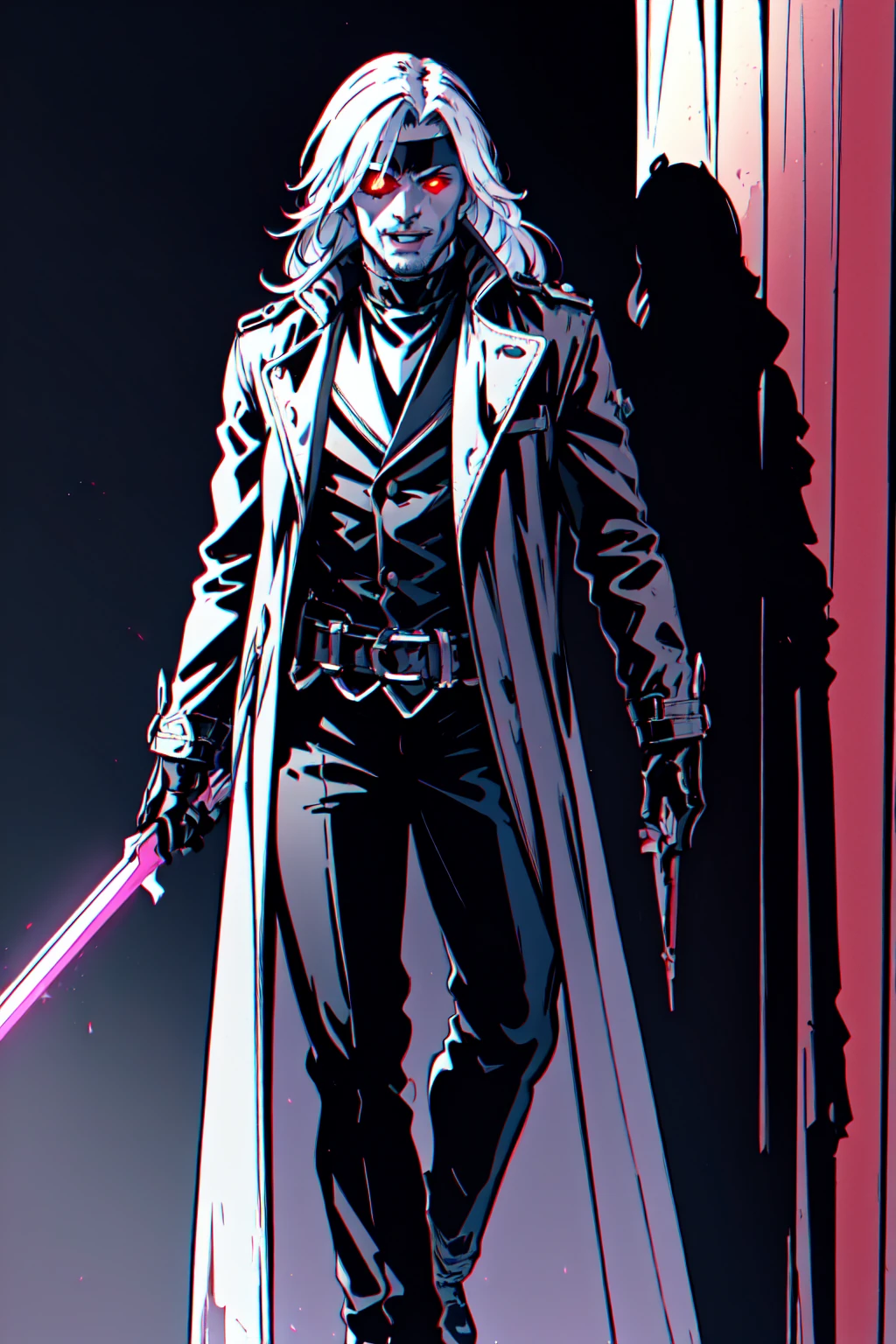 Gambit, Le Diablo Blanc, long hair, looking at viewer colored skin, black skin,gloves, jacket, weapon, white hair, open clothes, teeth, black gloves, belt, pants, coat, glowing eyes, leather, trench coat, specular highlights, dynamic angle, dynamic lighting, rim lighting, side lighting, extreme light and shadow, fxaa,<lora:Remy_Lebeau-XMEN:0.5>