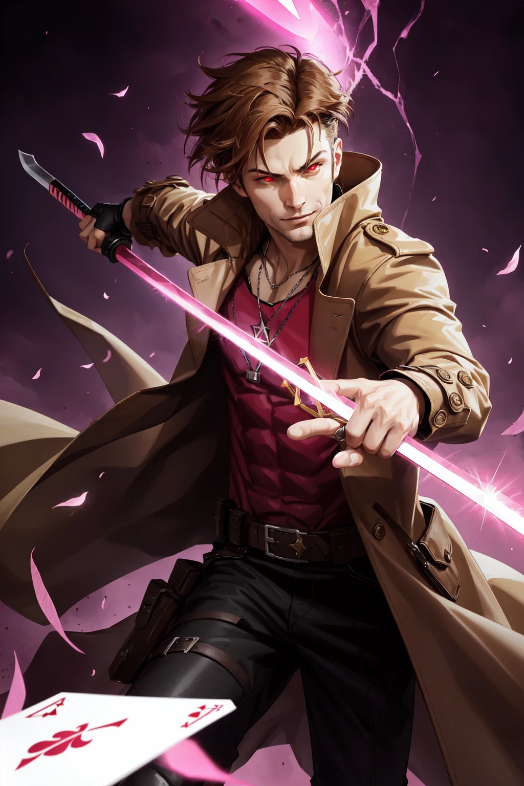 Gambit, Le Diablo Blanc, Remy Lebeau, holding, jewelry, weapon, sword, signature, necklace, holding weapon, coat, glowing, glowing eyes, card, trench coat, energy sword, specular highlights, <lora:Remy_Lebeau-XMEN:0.5>