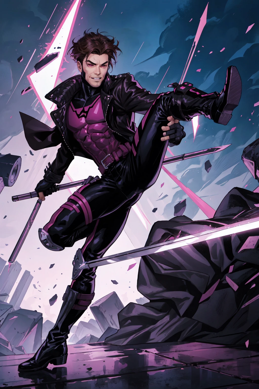 Gambit, Le Diablo Blanc, Remy Lebeau, smirk, gloves, jacket, weapon, boots,open clothes, teeth, belt, pants, sword, fingerless gloves, clenched hands, open jacket, black jacket, bodysuit, mask, muscular, spikes, kicking, leather, superhero, leather jacket, specular highlights, dynamic angle, dynamic pose, dynamic lighting, rim lighting, side lighting, extreme light and shadow, fxaa,<lora:Remy_Lebeau-XMEN:0.6>