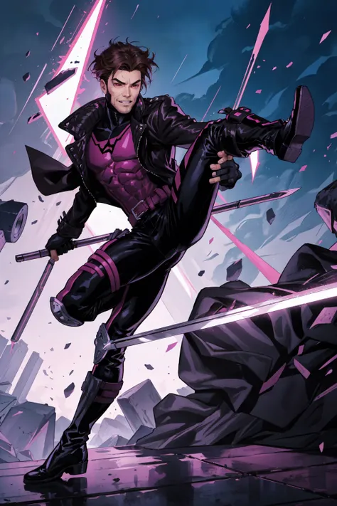 Gambit, Le Diablo Blanc, Remy Lebeau, smirk,  gloves, jacket, weapon, boots,open clothes, teeth, belt, pants, sword, fingerless gloves, clenched hands, open jacket, black jacket, bodysuit, mask, muscular, spikes, kicking, leather,  superhero, leather jacket, specular highlights, dynamic angle, dynamic pose,  dynamic lighting, rim lighting, side lighting, extreme light and shadow, fxaa,<lora:Remy_Lebeau-XMEN:0.6>