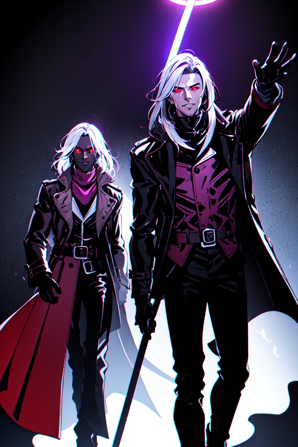 Gambit, Le Diablo Blanc, long hair, looking at viewer colored skin, black skin,gloves, jacket, weapon, white hair, open clothes, teeth, black gloves, belt, pants, coat, glowing eyes, leather, trench coat, specular highlights, dynamic angle, dynamic lighting, rim lighting, side lighting, extreme light and shadow, fxaa,<lora:Remy_Lebeau-XMEN:0.5>