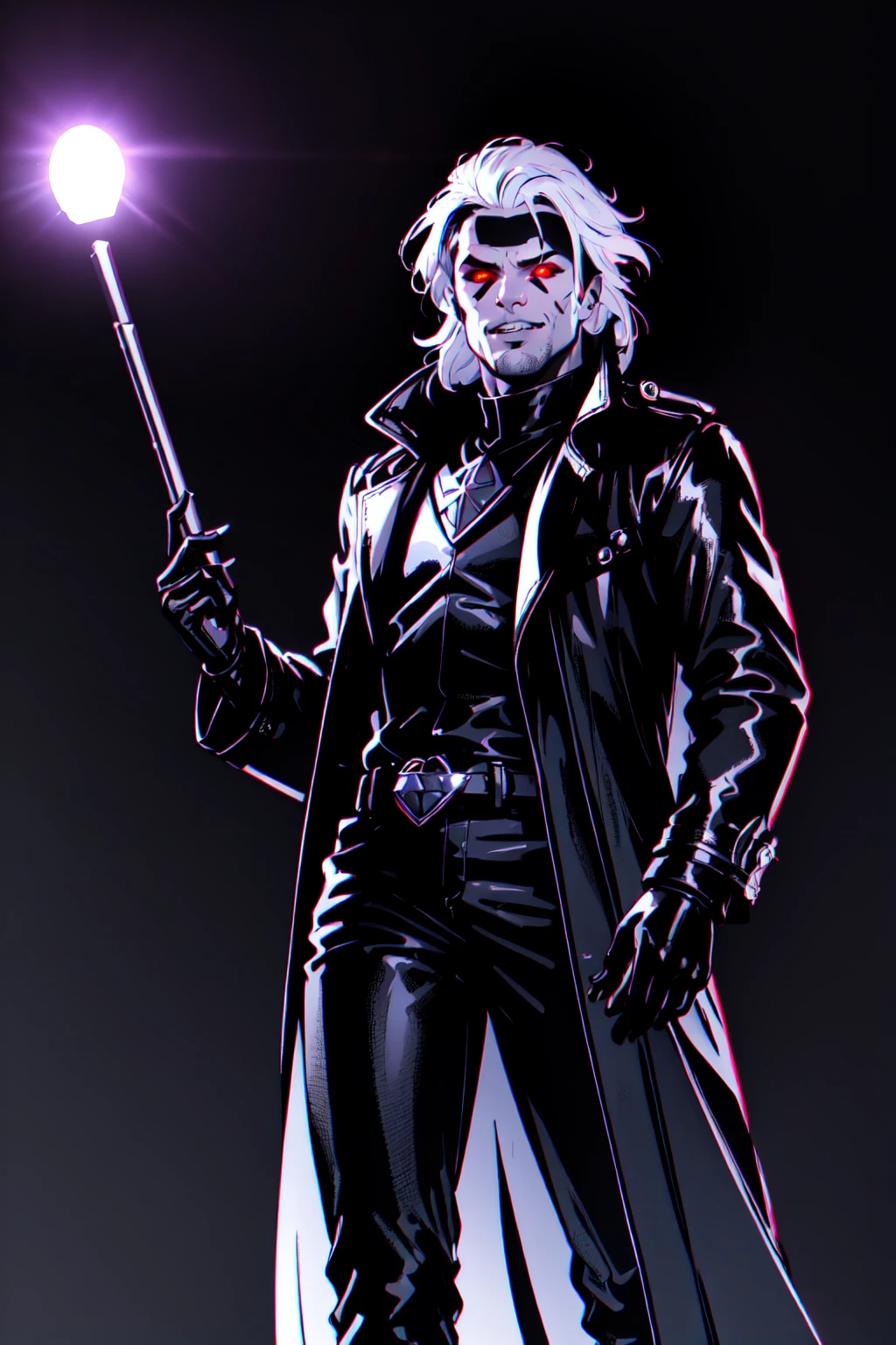 Gambit, Le Diablo Blanc, long hair, looking at viewer colored skin, black skin, black body paint, black face paint, gloves, jacket, weapon, white hair, open clothes, teeth, black gloves, belt, pants, coat, glowing, glowing eyes, leather, trench coat, specular highlights, dynamic angle, dynamic lighting, rim lighting, side lighting, extreme light and shadow, fxaa,<lora:Remy_Lebeau-XMEN:0.5>