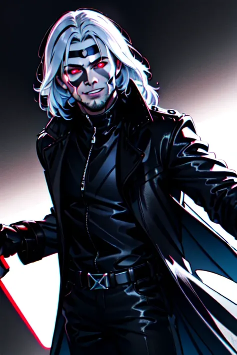 Gambit, Le Diablo Blanc, Remy Lebeau, long hair, looking at viewer colored skin, black skin, black body paint, black face paint, gloves, jacket, weapon, white hair, open clothes, teeth, black gloves, belt, pants, coat, glowing, glowing eyes, leather, trench coat, specular highlights, dynamic angle, dynamic lighting, rim lighting, side lighting, extreme light and shadow, fxaa, octane render <lora:Remy_Lebeau-XMEN:0.5>