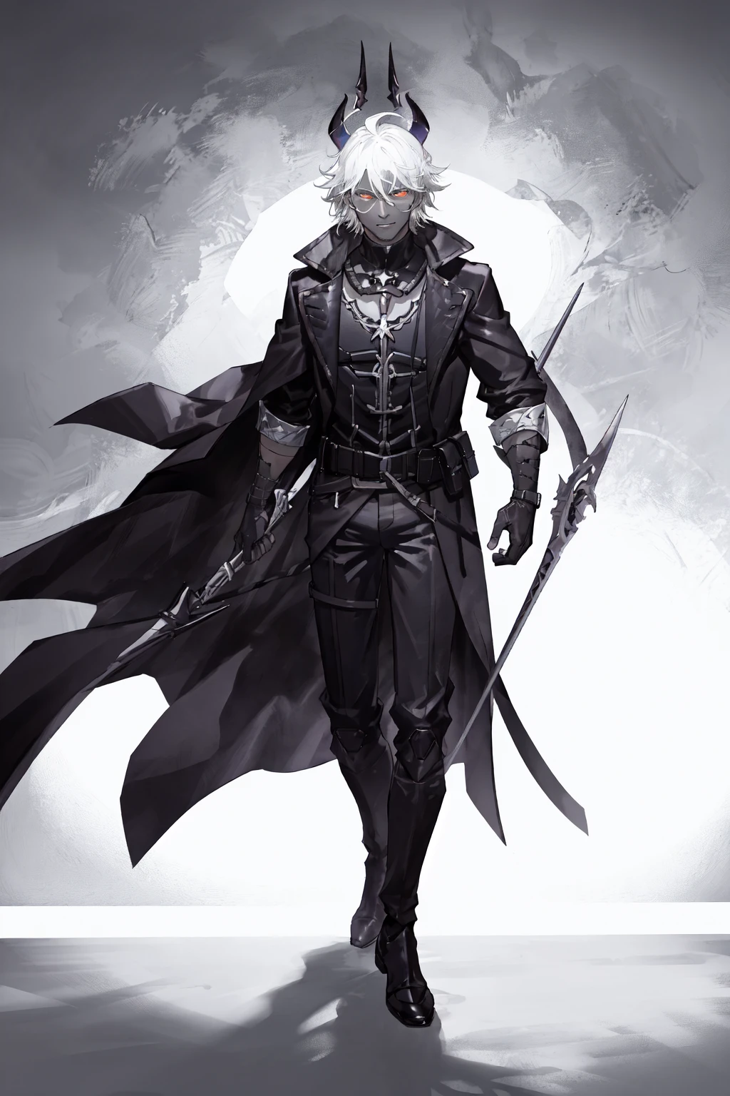 Gambit, Le Diablo Blanc, Remy Lebeau, Death, Horseman of Apocalypse, long hair, looking at viewer colored skin, black skin,gloves, jacket, weapon, white hair, open clothes, teeth, black gloves, belt, pants, coat, glowing eyes, leather, trench coat, specular highlights, dynamic angle, dynamic lighting, rim lighting, side lighting, extreme light and shadow, fxaa,<lora:Remy_Lebeau-XMEN:0.5>