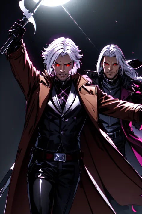 Gambit, Le Diablo Blanc,  long hair, looking at viewer colored skin, black skin,gloves, jacket, weapon, white hair, open clothes, teeth, black gloves, belt, pants, coat,  glowing eyes, leather,  trench coat, specular highlights, dynamic angle, dynamic lighting, rim lighting, side lighting, extreme light and shadow, fxaa,<lora:Remy_Lebeau-XMEN:0.5>