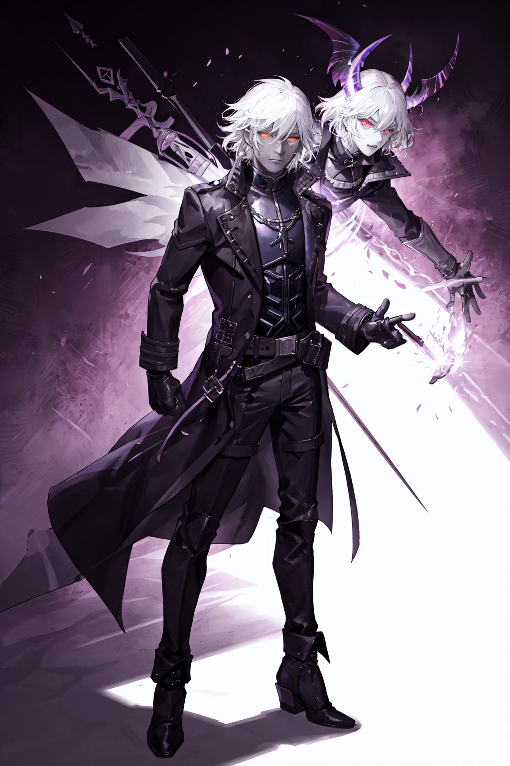 Gambit, Le Diablo Blanc, Remy Lebeau, Death, Horseman of Apocalypse, long hair, looking at viewer colored skin, black skin,gloves, jacket, weapon, white hair, open clothes, teeth, black gloves, belt, pants, coat, glowing eyes, leather, trench coat, specular highlights, dynamic angle, dynamic lighting, rim lighting, side lighting, extreme light and shadow, fxaa,<lora:Remy_Lebeau-XMEN:0.5>