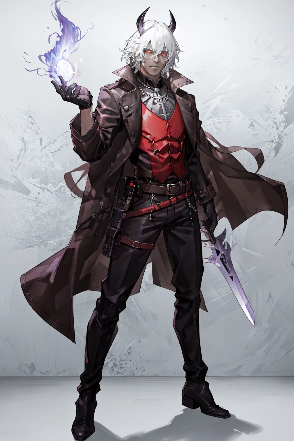 Gambit, Le Diablo Blanc, Remy Lebeau, Death, Horseman of Apocalypse, long hair, looking at viewer colored skin, black skin,gloves, jacket, weapon, white hair, open clothes, teeth, black gloves, belt, pants, coat, glowing eyes, leather, trench coat, specular highlights, dynamic angle, dynamic lighting, rim lighting, side lighting, extreme light and shadow, fxaa,<lora:Remy_Lebeau-XMEN:0.5>