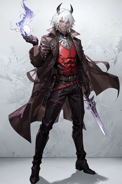 Gambit, Le Diablo Blanc, Remy Lebeau, Death, Horseman of Apocalypse, long hair, looking at viewer colored skin, black skin,gloves, jacket, weapon, white hair, open clothes, teeth, black gloves, belt, pants, coat,  glowing eyes, leather,  trench coat, specular highlights, dynamic angle, dynamic lighting, rim lighting, side lighting, extreme light and shadow, fxaa,<lora:Remy_Lebeau-XMEN:0.5>