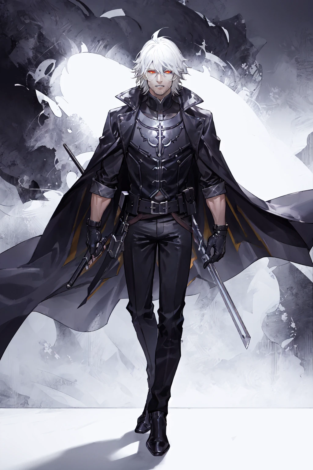 Gambit, Le Diablo Blanc, Remy Lebeau, Death, Horseman of Apocalypse, long hair, looking at viewer colored skin, black skin,gloves, jacket, weapon, white hair, open clothes, teeth, black gloves, belt, pants, coat, glowing eyes, leather, trench coat, specular highlights, dynamic angle, dynamic lighting, rim lighting, side lighting, extreme light and shadow, fxaa,<lora:Remy_Lebeau-XMEN:0.5>