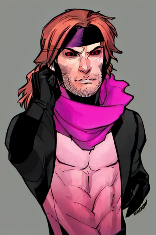 Remy Lebeau, comic book character, Gambit of the X-men, headband, male focus, 1boy, pink eyes, black sclera, solo, brown hair, portrait, colored sclera, grey background, looking at viewer, amazing background, closed mouth, in the style of Andy Kubert, digital art, trending on artstation, <lora:RemyLebeau Journey:1>