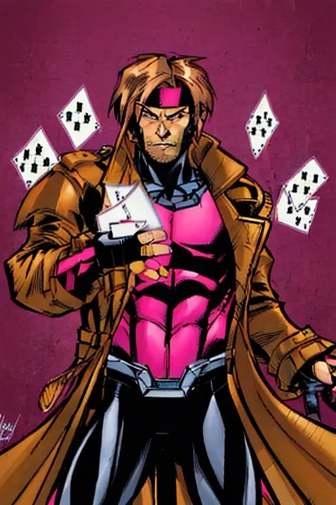 Remy Lebeau, comic book character, Gambit of the X-men, 1boy, male focus, solo, trench coat, brown hair, animification, card, headband, coat, facial hair, weapon, signature, armor, pink background, looking at viewer, electricity, long hair, polearm, greaves, black hair, digital art, trending on artstation,style of joemadureira <lora:RemyLebeau Journey:1>