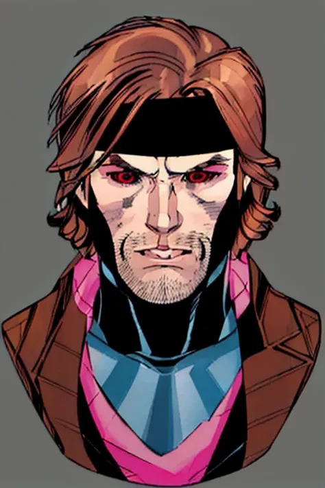 Remy Lebeau, comic book character, Gambit of the X-men, headband, male focus, 1boy, pink eyes, black sclera, solo, brown hair, portrait, colored sclera, grey background, looking at viewer, amazing background, closed mouth, in the style of Andy Kubert, digital art, trending on artstation, <lora:RemyLebeau Journey:1>