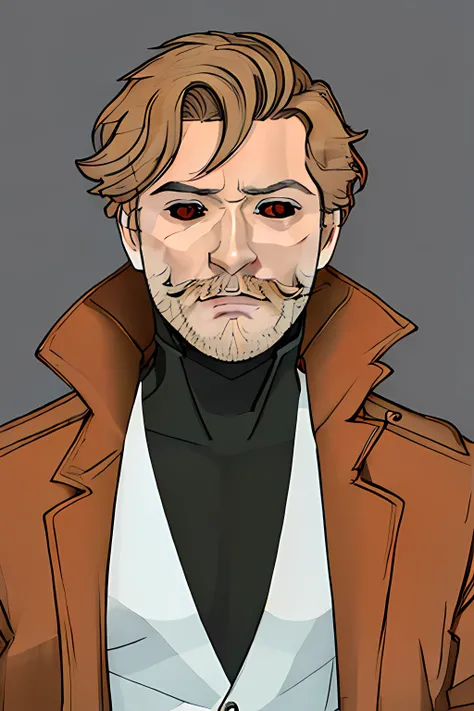 RemyLebeau, 1boy, male focus, solo, black sclera, colored sclera, facial hair, red eyes, beard, grey background, looking at viewer, blonde hair, upper body, simple background, coat, parted lips, jacket, mustache, monochrome, red sclera, short hair, digital art, trending on artstation, <lora:RemyLebeau Journey:1>