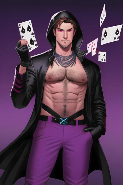 <lora:RemyLebeau:1>, RemyLebeau, 1boy, male focus, solo, pectorals, muscular male, jewelry, pants, abs, holding, necklace, earrings, nipples, open clothes, hood, navel, hand in pocket, gloves, hood up, red eyes, short hair, large pectorals, fingerless gloves, black gloves, black hair, jacket, looking at viewer, card, chest hair, open jacket, bare pectorals, holding card, purple background, belt, coat, navel hair, purple pants, gradient, heart, gradient background, pink pants, closed mouth, brown hair, long sleevesdigital art, trending on artstation,