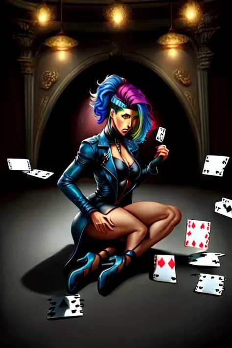RemyLebeau, (masterpiece, best quality:1.2),1girl, solo, <lora:RemyLebeau:.6> sexy, rainbow hair, headband, blue and yellow eyes, heterochromia, red lips, holding a poker card,