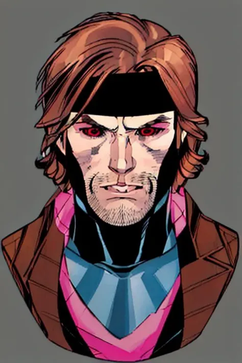 Remy Lebeau, comic book character, Gambit of the X-men, headband, male focus, 1boy, pink eyes, black sclera, solo, brown hair, portrait, colored sclera, grey background, looking at viewer, amazing background, closed mouth, in the style of Andy Kubert, digital art, trending on artstation, <lora:RemyLebeau Journey:1>