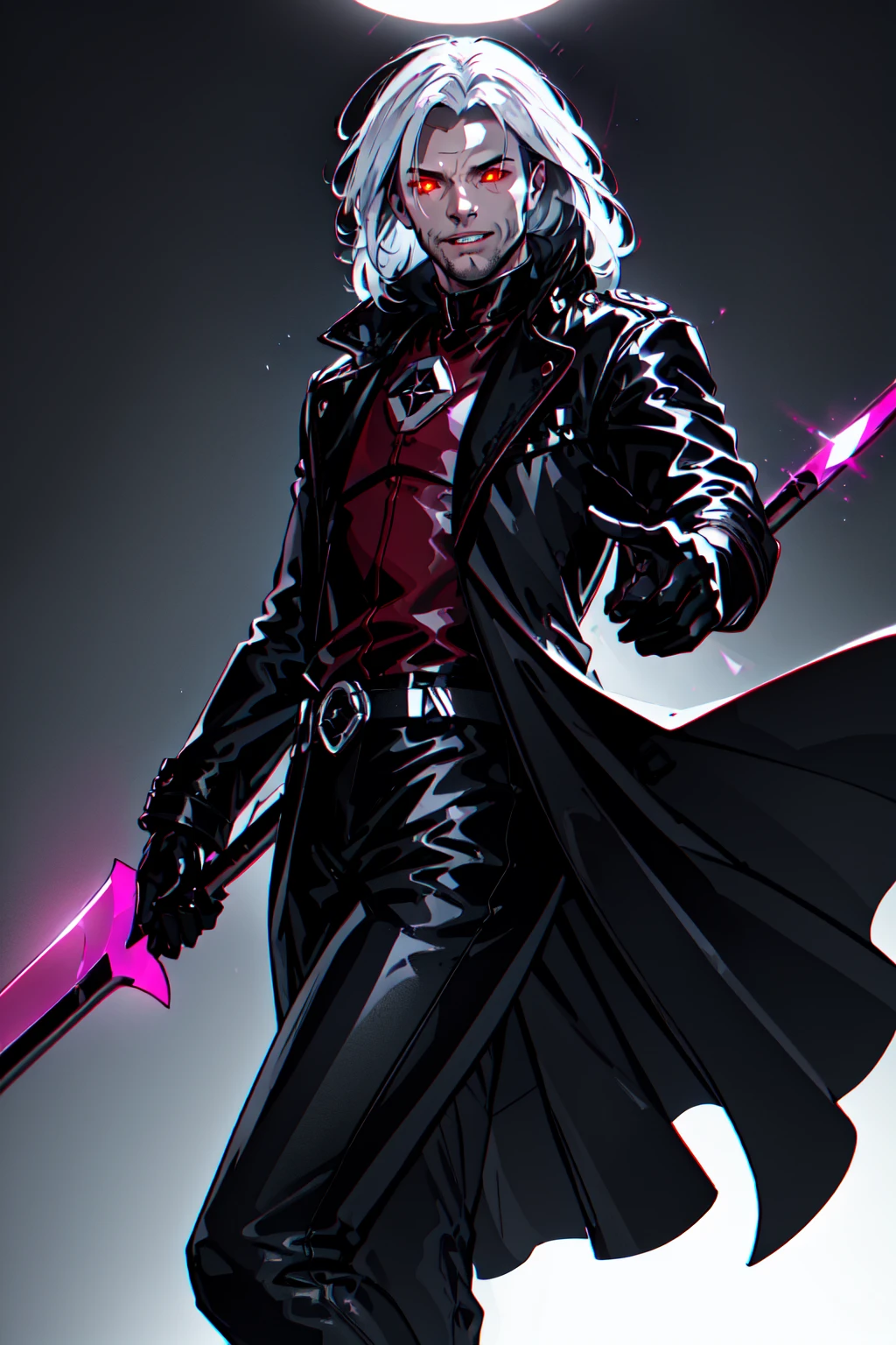 Gambit, Le Diablo Blanc, long hair, looking at viewer colored skin, black skin,gloves, jacket, weapon, white hair, open clothes, teeth, black gloves, belt, pants, coat, glowing eyes, leather, trench coat, specular highlights, dynamic angle, dynamic lighting, rim lighting, side lighting, extreme light and shadow, fxaa,<lora:Remy_Lebeau-XMEN:0.5>