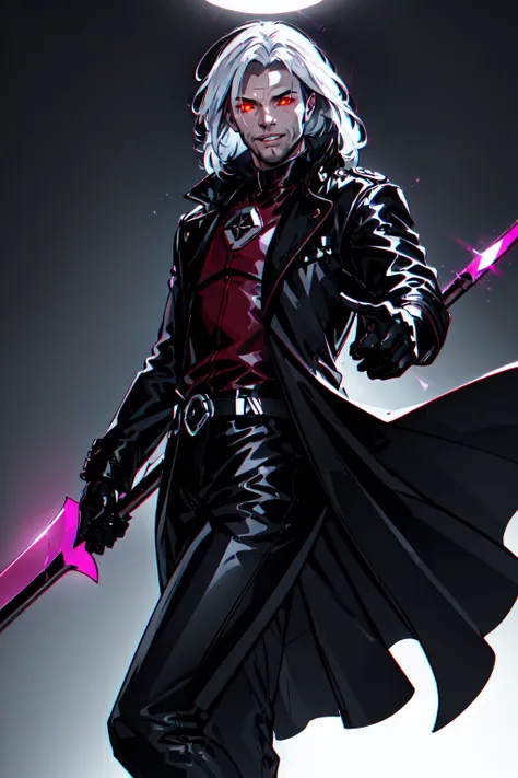 Gambit, Le Diablo Blanc,  long hair, looking at viewer colored skin, black skin,gloves, jacket, weapon, white hair, open clothes, teeth, black gloves, belt, pants, coat,  glowing eyes, leather,  trench coat, specular highlights, dynamic angle, dynamic lighting, rim lighting, side lighting, extreme light and shadow, fxaa,<lora:Remy_Lebeau-XMEN:0.5>