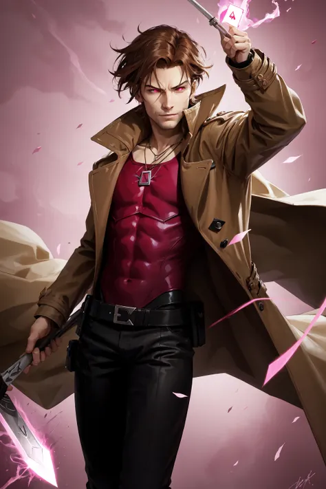 Gambit, Le Diablo Blanc, Remy Lebeau, holding, jewelry, weapon, sword, signature, necklace, holding weapon, coat, glowing, glowing eyes, card, trench coat, energy sword, specular highlights, <lora:Remy_Lebeau-XMEN:0.5>