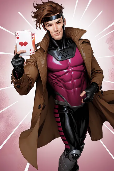Gambit, Le Diablo Blanc, Remy Lebeau, looking at viewer, smile, gloves, holding, jacket, heart, signature, fingerless gloves, coat, bodysuit, muscular, headband, abs, card, playing card, holding card, trench coat <lora:Remy_Lebeau-XMEN:1>