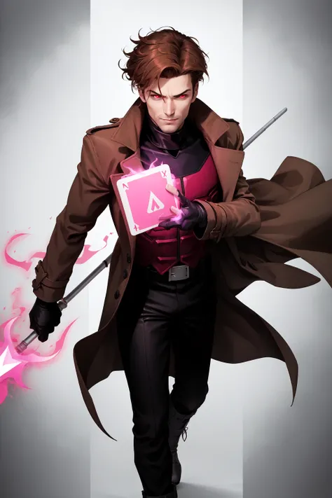 Gambit, Le Diablo Blanc, Remy Lebeau,  holding,weapon, bo staff,  holding weapon, coat, glowing, glowing eyes, card, trench coat, magic, specular highlights, <lora:Remy_Lebeau-XMEN:0.5>