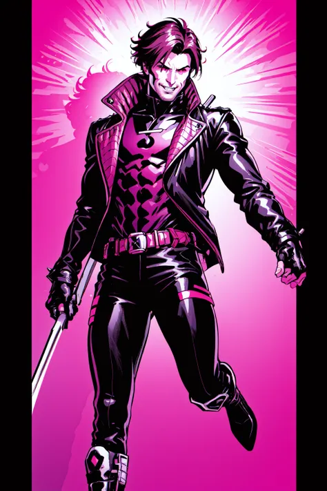 Gambit, Le Diablo Blanc, Remy Lebeau, smirk, gloves, jacket, weapon, boots,open clothes, teeth, belt, pants, sword, fingerless gloves, clenched hands, open jacket, black jacket, bodysuit, mask, muscular, spikes, kicking, leather, superhero, leather jacket, specular highlights, dynamic angle, dynamic pose, dynamic lighting, rim lighting, side lighting, extreme light and shadow, fxaa,<lora:Remy_Lebeau-XMEN:0.6>