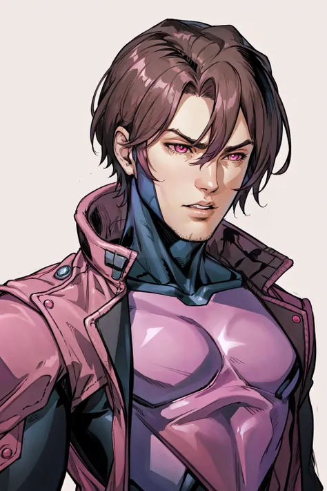 Gambit, Le Diablo Blanc, Remy Lebeau, short hair, bangs, simple background, jacket, upper body, parted lips, bodysuit, looking down, pink background, portrait, animification<lora:GambitVwhatever:0.8>