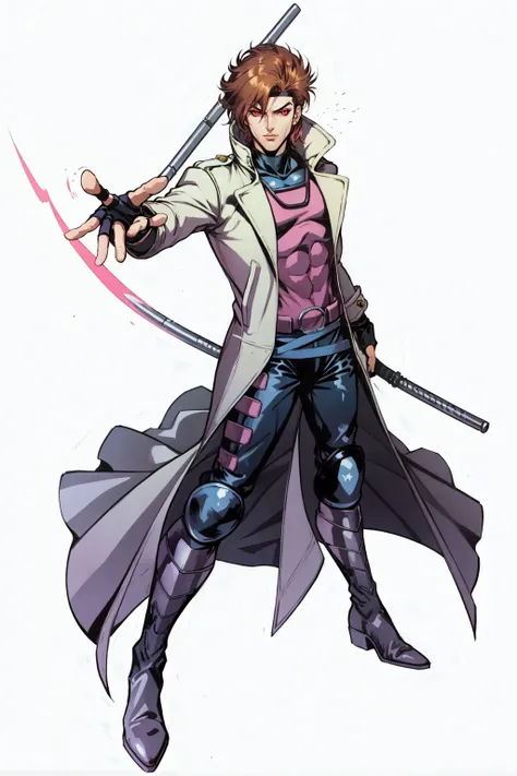 Gambit, Le Diablo Blanc, Remy Lebeau, simple background, gloves, white background, full body, weapon, boots, fingerless gloves, coat, knee pads, long coat, stand (jojo), jojo pose <lora:GambitVwhatever:0.8>