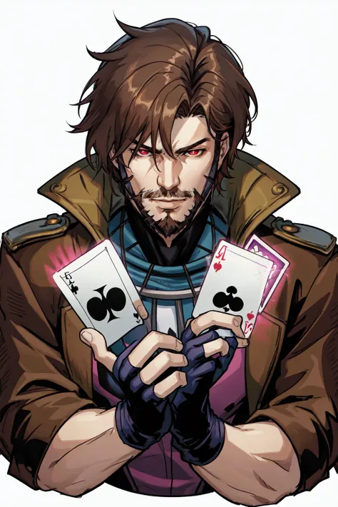 Gambit, Le Diablo Blanc, Remy Lebeau, simple background, white background, holding, jacket, upper body, fingerless gloves, beard, card, playing card, holding card <lora:GambitVwhatever:0.8>