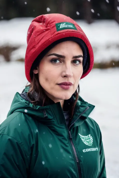 ezg wearing green jaket, red head, falling snow, Katyasitak, closeup, masterpiece, higeres, 4k, hdr, trending on ArtStation, <lyco:EizaG-RealVision-V1.0:1.0>