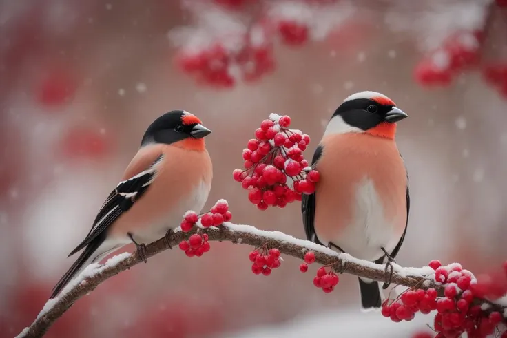 photo shoot style, RAW photo, (extremely detailed CG Unity 8k wallpaper), world masterpiece, super unique highly professional digital art, film frame, photorealism, raw digital color photo, super fine details, super sharp, super quality, (close-up photo of a bullfinch on a snowy branch red rowan with berries sprinkled with snow), (((the whole body of the bird is close-up in the frame))), sunny day, depth of field, super-clear image, professional cinematic lighting (hyper-detailed feathers, beak and eyes), soft shadows, 8k uhd, dslr , film grain, 85mm, f/1.4, ISO 64, f16, 25 sec, photorealistic painting by Midjourney and Greg Rutkowski, Fujifilm XT3