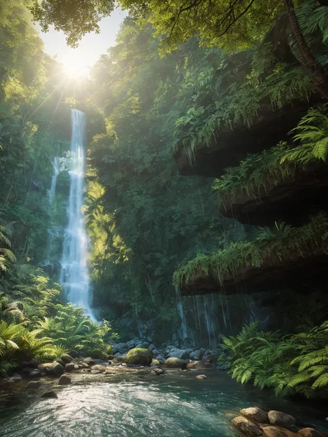 waterfall plummeting vertically down a jungle cliff into a river, cold, clear water, sunny day, giant, wet trees, RAW photo, (high detail image: 1.5), 8k uhd, reflex camera, film grain, Fujifilm, stacking on focus, extremely detailed CG wallpaper unity 8k, depth of field, HDR, photorealistic, hyper high detail, real world, global illumination, ray tracing, illustration character design concept, unreal 5, das, hyperrealistic, octa render, f/1.4, ISO 64, f16, 40 sec.