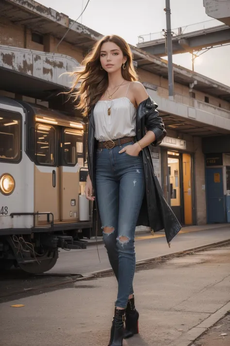 (style of Tatiana Gerusova:1.4),(full color fashion shot of 24 year old woman, portrait, masterpiece, perfect face, cowboy shot:1.1),<lora:RFKTRs Toner:1>,young adult female model,(sultry and glamorous look),(abandoned subway station), dramatic sunset light, ((sophisticated and edgy outfit)), slim-fit jeans, white off-shoulder top, layered gold necklaces, high heels, (effortless beach waves hairstyle), ((mysterious and adventurous ambiance)), rustic and textured background, warm earthy tones, (captivating and alluring pose),ankle-length black leather boots, sleek black leather, chunky heel, strap details with metal accents,