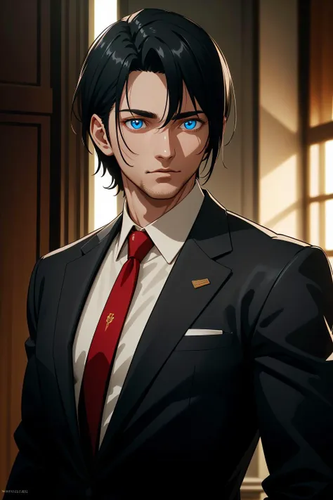 1boy, business suit, upper body,  best quality, masterpiece,bokeh, depth of field , red necktie, black suit, president, chubby, tan, blue eyes, jawline, mature male, muscular male, stubble, highres, best quality, master's work, cinematic lighting, official art, (masterpiece, 8k wallpaper, deep eyes, detailed eyes), beautiful and delicate, absurdres, best quality, high detail, vivid, dynamic lighting, mature